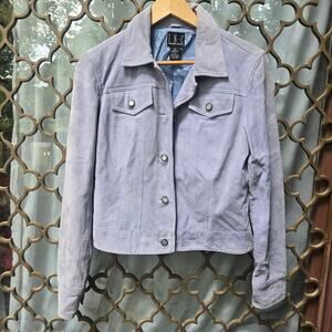 INC Womens Vintage 90s Y2K Indie Western Icy Blue Leather Suede Trucker Jacket M